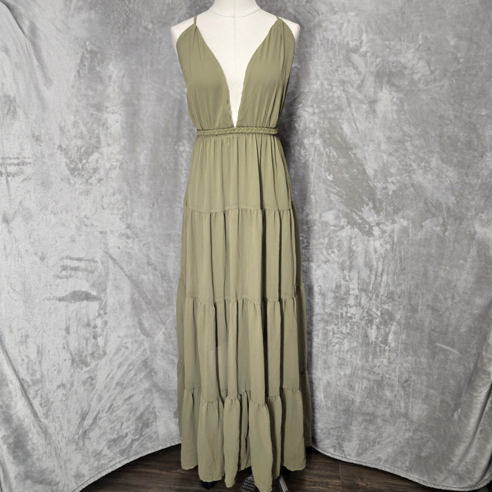 Ethereal Tiered Maxi Dress Women Xl Green Vneck Flowy Goddess Fairycore Elegant